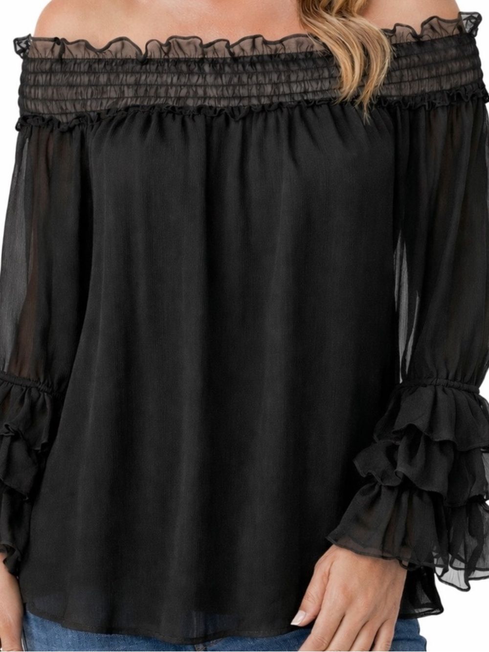 CeCe Black Off-Shoulder Ruffle Sleeve Blouse